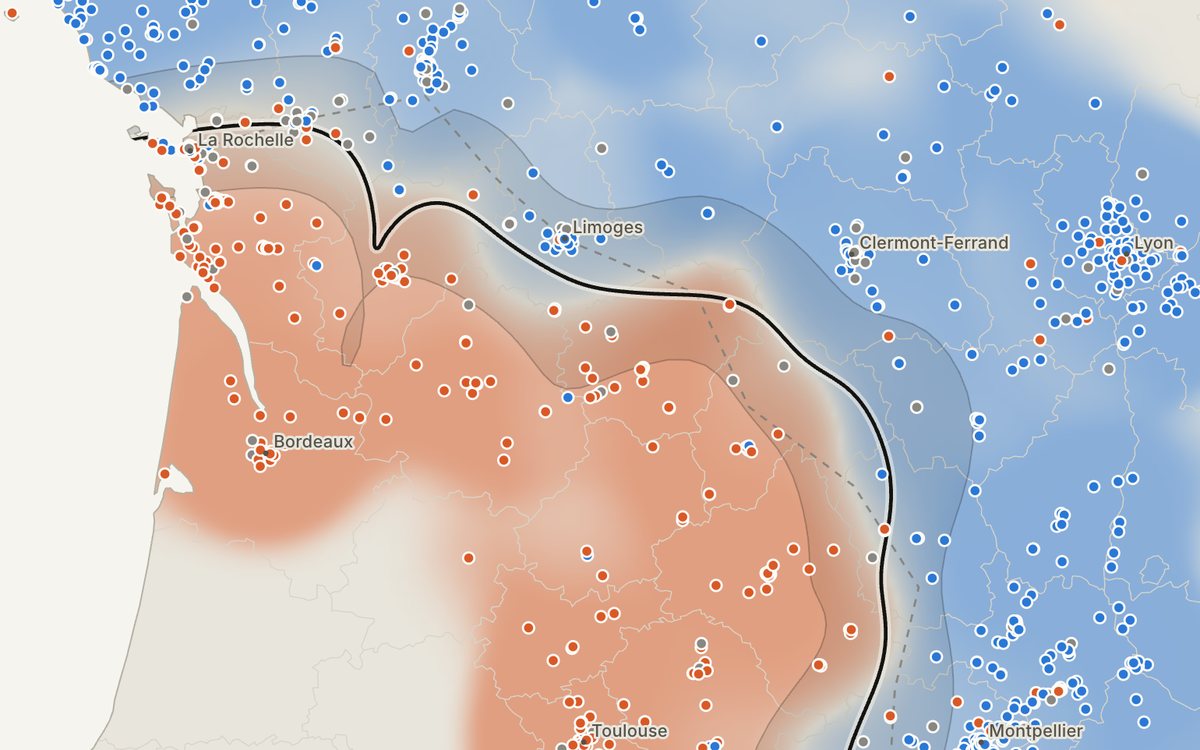 Carte de la Ligne Chocolatine : la zone chocolatine en orange au sud-ouest, séparée du pain au chocolat en bleu par une ligne noire de La Rochelle à Montpellier