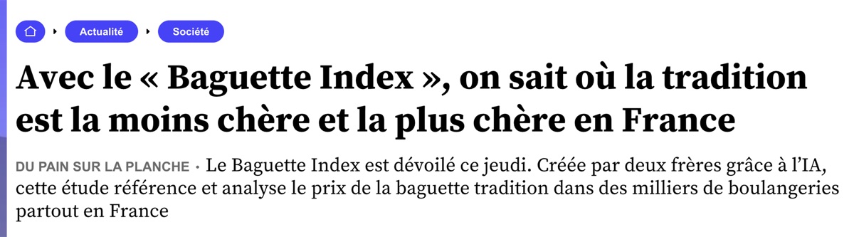 Capture d'écran de la une de 20 Minutes : « Avec le Baguette Index, on sait où la tradition est la moins chère et la plus chère en France »