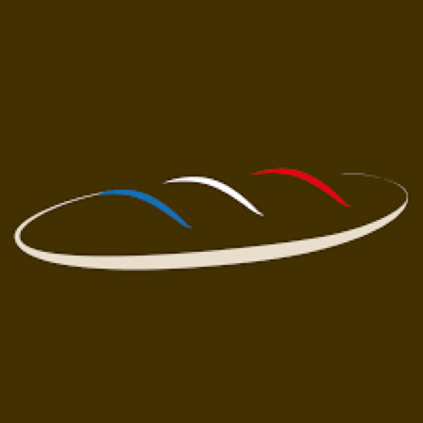 Logo Baguette Academy : baguette stylisée tricolore bleu-blanc-rouge sur fond brun foncé