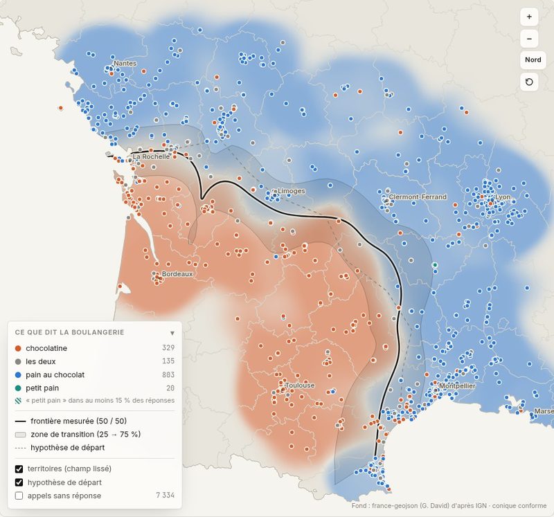 Capture de la carte de La Ligne Chocolatine : la zone chocolatine en orange au sud-ouest, la frontière de La Rochelle à Montpellier