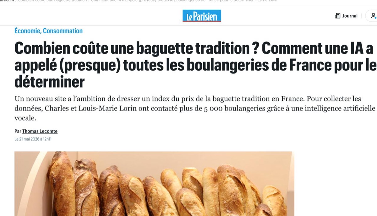 Capture d'écran du Parisien : « Combien coûte une baguette tradition ? Comment une IA a appelé (presque) toutes les boulangeries de France pour le déterminer »
