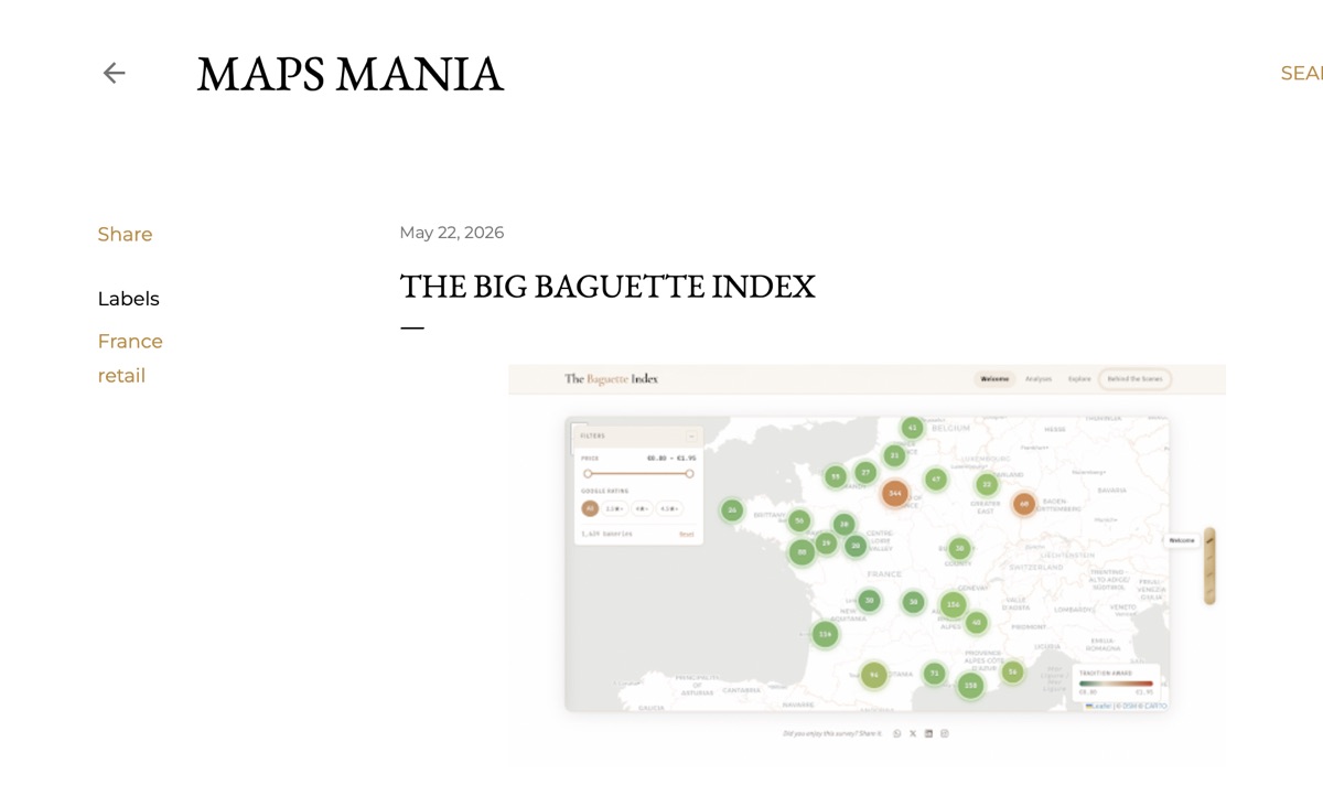 Capture du blog Maps Mania montrant le titre « The Big Baguette Index » au-dessus d'une carte de France piquetée de prix de baguettes