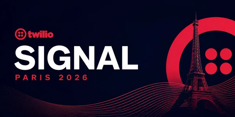 Affiche SIGNAL Paris 2026 de Twilio : le logo Twilio et la tour Eiffel sur fond bleu nuit