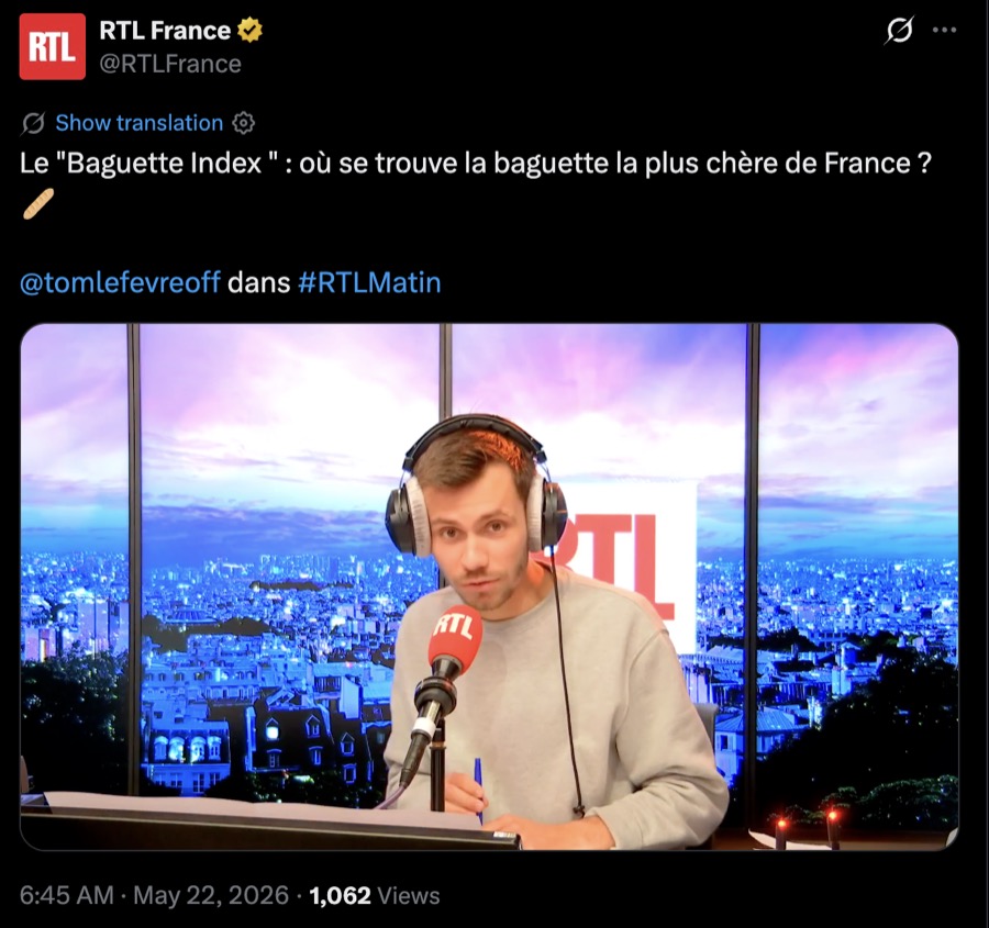 Capture du tweet RTL France montrant le journaliste Tom Lefèvre en studio dans RTL Matin avec le titre « Le Baguette Index : où se trouve la baguette la plus chère de France ? »