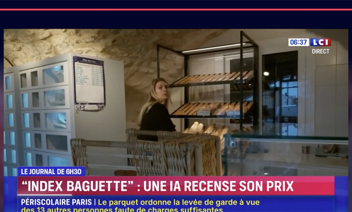 Plateau LCI Direct : bandeau « INDEX BAGUETTE : UNE IA RECENSE SON PRIX » sur fond de boulangerie de quartier, séquence du Journal de 6h30
