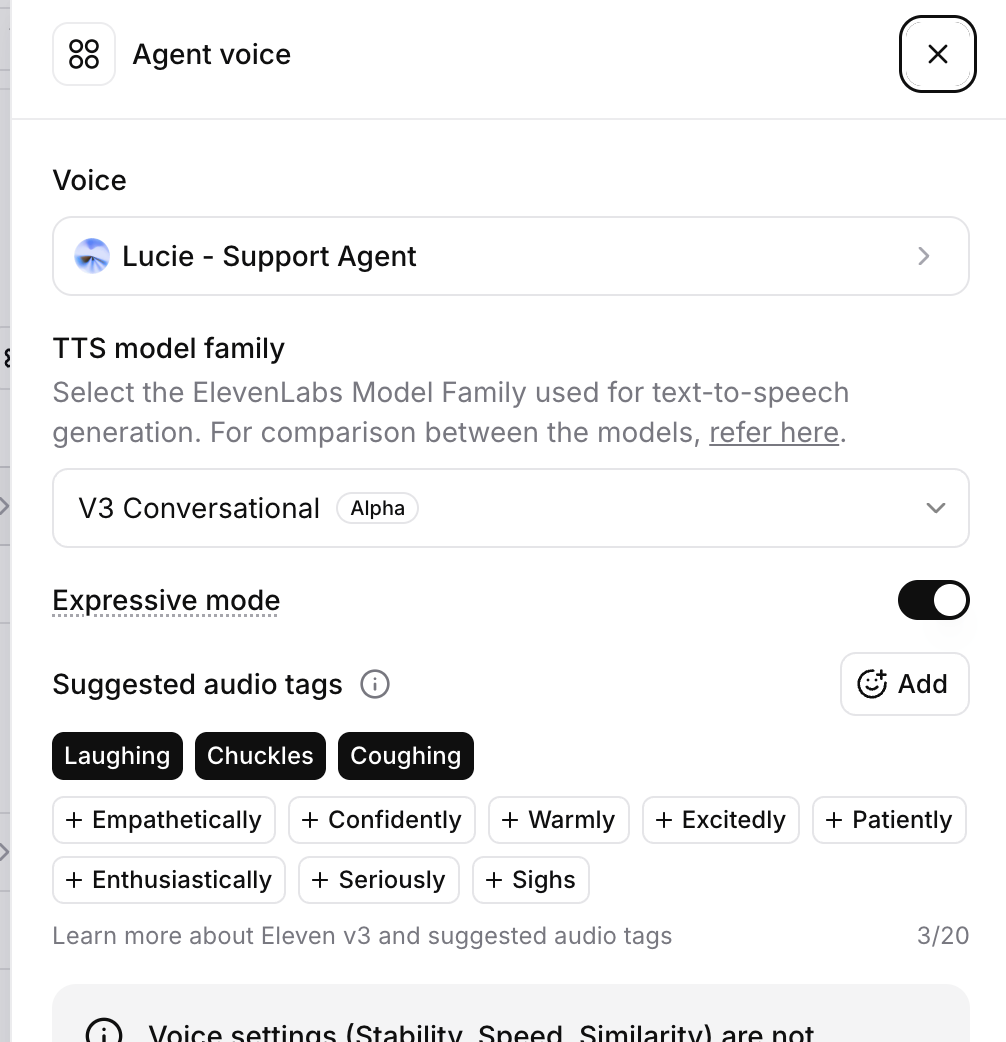 Configuration de la voix de Brigitte sur ElevenLabs : voix « Lucie - Support Agent », modèle TTS « V3 Conversational » en alpha, mode expressif activé, et audio tags suggérés (Laughing, Chuckles, Coughing, et autres)